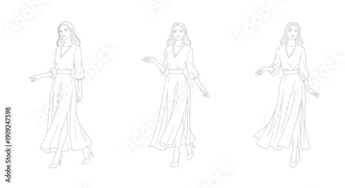 Fashion Model Poses in Flowy Dress: Three Views of Elegant Style