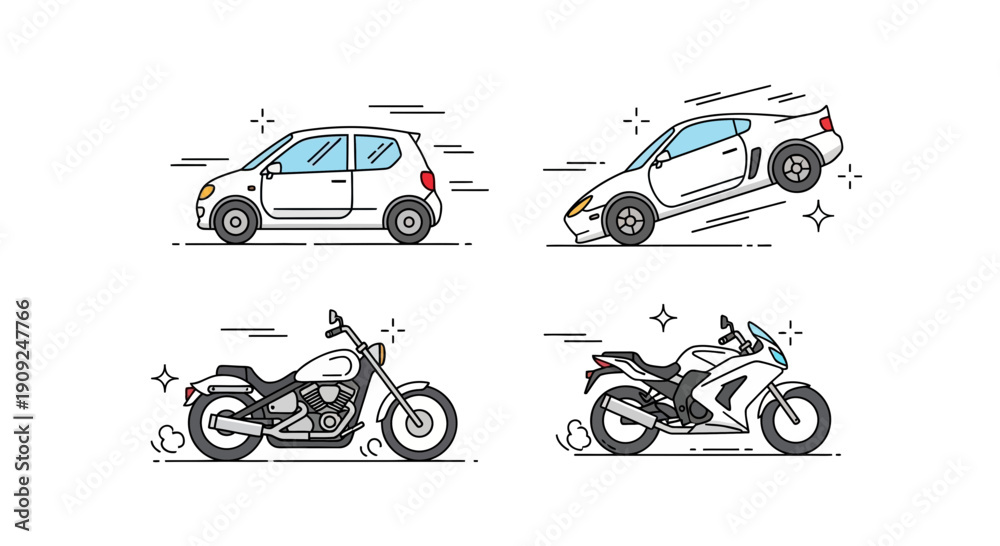 Obraz premium Fast cars and motorcycles, dynamic motion, speed, urban transport, vector illustration