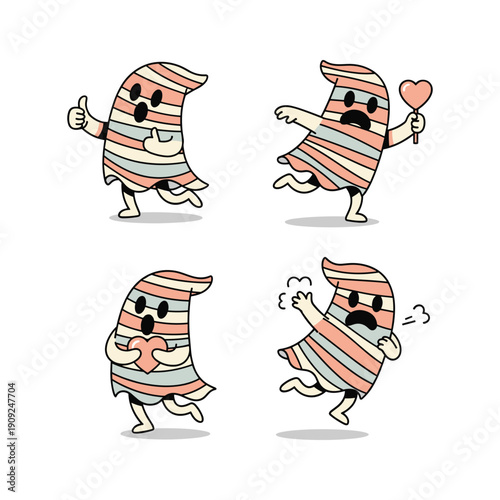 Mummy character showing different emotions and actions in a fun cartoon style