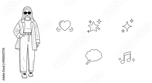 Fashionable Woman with Sunglasses and Icons: Heart, Stars, Speech Bubble, Music Notes