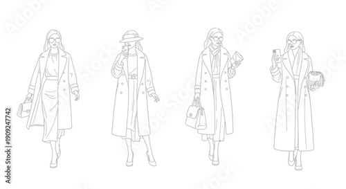 Fashionable Women in Stylish Coats: Line Art Collection