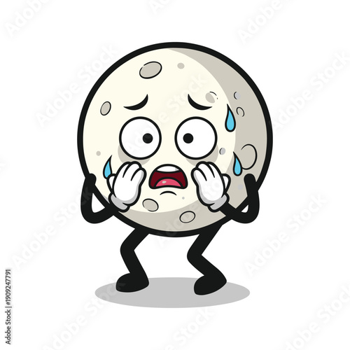 Crying moon character with sad face and tears in cartoon style