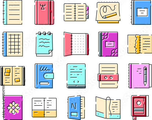 Collection of colorful notebook icons representing various types of journals, planners, and stationery for effective organization, note taking, and creative expression