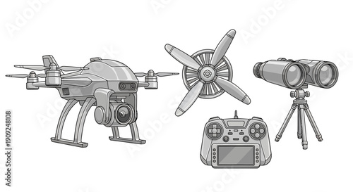 Drone, Remote Control, Propeller, and Binoculars on Tripod - Technology and Surveillance Concept