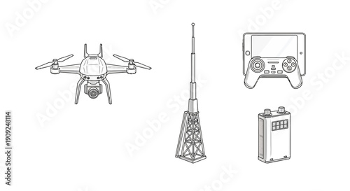 Drone, Tower, Controller, Battery Icons: Technology and Communication Concept