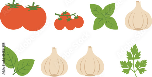 Fresh Organic Vegetables and Herbs Vector Illustration Set with Red Tomatoes Garlic Bulbs Basil Leaves and Parsley Sprigs