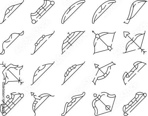 Archery bows and arrows collection featuring various ancient and modern shooting equipment for sports, hunting, and historical recreation in a clean line art style