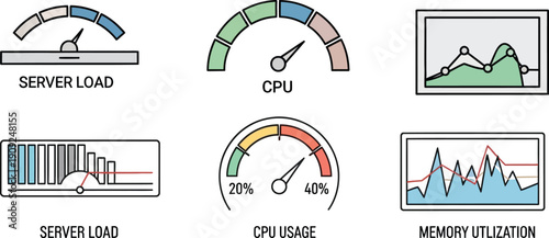Blurry server and computer performance icons isolated on transparent background