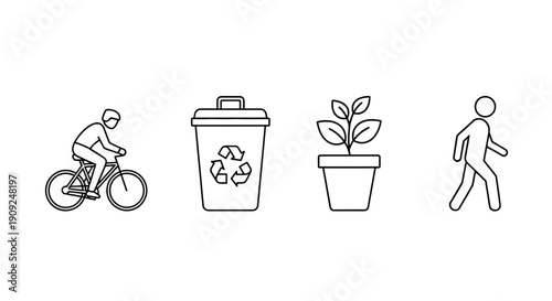 Eco-friendly lifestyle icons: cycling, recycling, plant care, walking