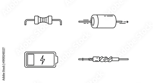 Electronic Components Icons: Resistor, Capacitor, Battery, Wire Connector