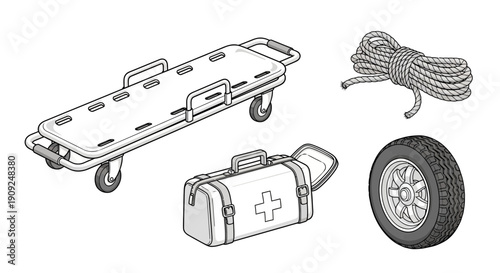 Emergency rescue equipment: stretcher, first aid kit, rope, and tire