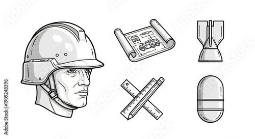 Engineer, Blueprint, Tools, and Military Project Icons: Safety, Design, and Defense Concepts