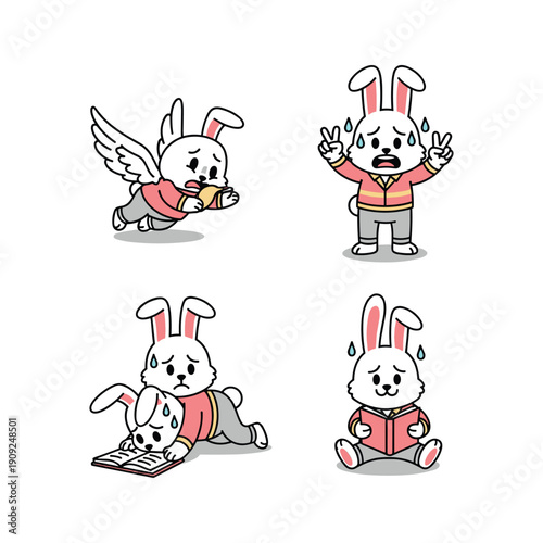 Cartoon rabbit character set with different emotions and actions in a minimalist style