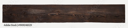 A single dark brown wood plank isolated on a white background. The detailed, rustic texture shows the natural grain and knots. Minimalist studio shot, perfect for backgrounds or banners
