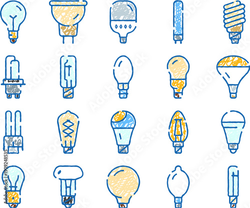 Set of assorted light bulbs and lamps illustrating different types of electricity, technology, and energy, symbolizing bright inspiration, creative ideas, and innovative thinking