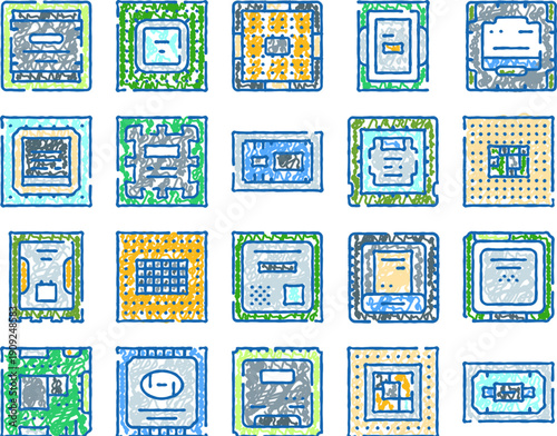 Computer microchip processors collection, illustrating various cpu and semiconductor components as line art hardware elements for technology and electronic device themes