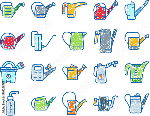Variety of watering cans and gardening tools in a colorful sketchy doodle style, perfect for illustrating garden care, plant growth, horticulture hobbies, and household watering needs
