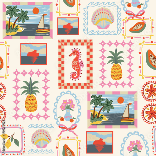 Tropical frame seamless pattern with palm pineapple seahorse flowers coastal summer illustration