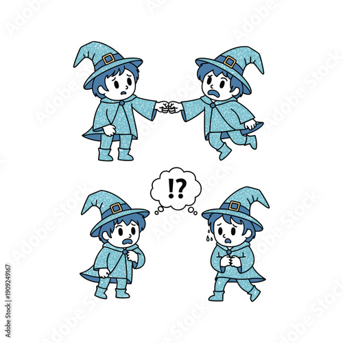 Cartoon wizards puzzled by magic trick in blue robes with copy space