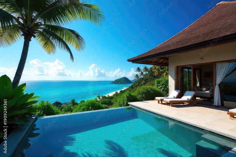 Fototapeta premium Luxurious villa with private pool, stunning ocean views, and lush tropical gardens Perfect for a relaxing getaway , interior, relaxation