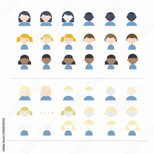 A vector graphic illustration of diverse cartoon people icons in various styles and skin tones