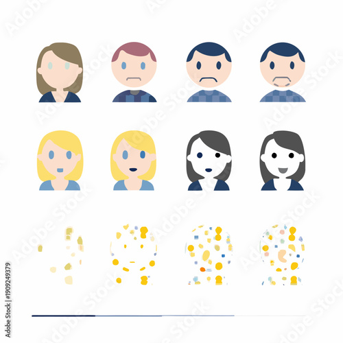 A vector graphic illustration of diverse cartoon faces with various emotions and confetti