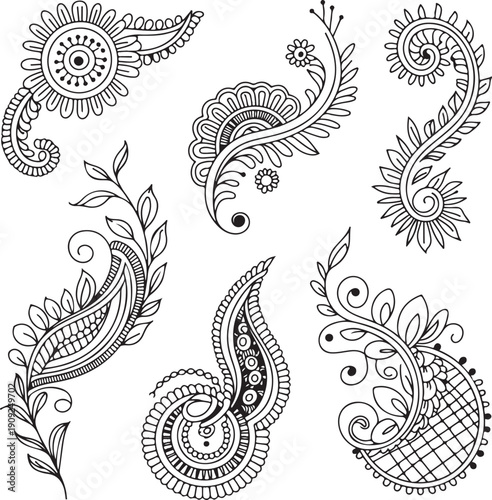 Mehndi floral ornament vector illustration set featuring paisley shapes, mandala patterns, lotus flowers, henna tattoo designs, and decorative ethnic elements 
