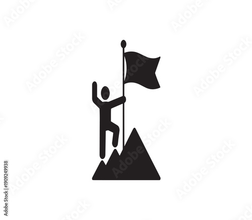 Minimalist Black and White Success Icon Featuring a Figure Planting a Flag on a Mountain Peak