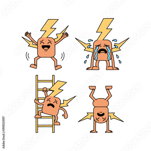 Cartoon character expressing different emotions with lightning bolt