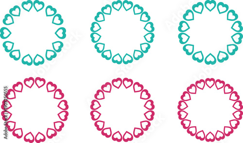 Colorful circular heart pattern design with teal and magenta symmetry, abstract geometric arrangement of love shapes, decorative vector illustration for backgrounds and stock graphics