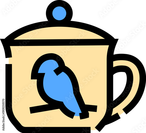 Beige ceramic teapot with blue bird motif, handle and lid, steaming hot tea ready for a relaxing tea ceremony or cozy serving at breakfast, cafe or home setting