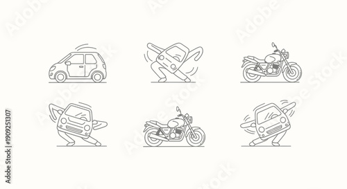 Dancing Cars and Motorcycles Line Art Icons: Fun Transportation Characters