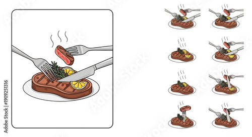 Cutting steak with fork and knife, close-up, hot food, gourmet meal, fine dining, detailed illustration