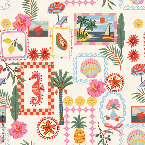 Tropical frame seamless pattern with palm pineapple seahorse flowers coastal summer illustration