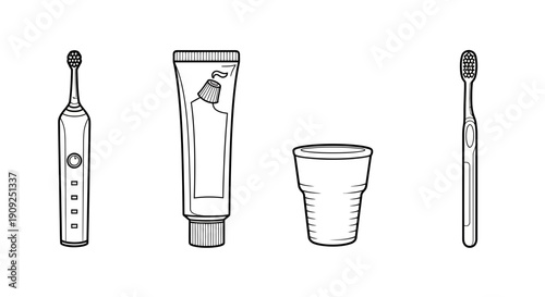 Dental Hygiene Essentials: Electric Toothbrush, Toothpaste, Cup, and Manual Toothbrush Line Art