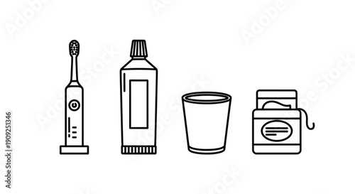 Dental Hygiene Essentials: Toothbrush, Toothpaste, Cup, and Floss - Cleanliness Icon Set