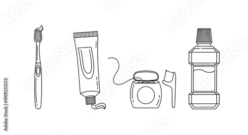 Dental Hygiene Essentials: Toothbrush, Toothpaste, Floss, and Mouthwash - Line Art