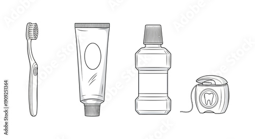 Dental Hygiene Essentials: Toothbrush, Toothpaste, Mouthwash, and Floss - Sketch