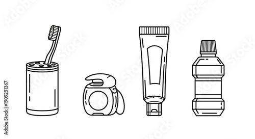 Dental Hygiene Icons: Toothbrush, Floss, Toothpaste, Mouthwash - Clean Oral Care Set