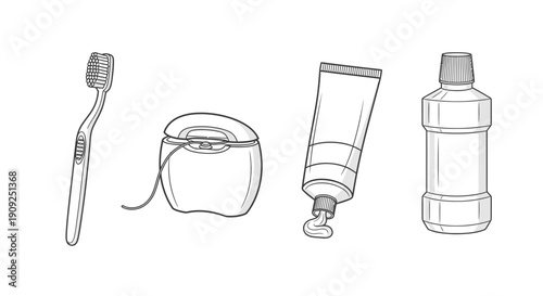 Dental Hygiene Products: Toothbrush, Floss, Toothpaste, and Mouthwash - Cleanliness Concept