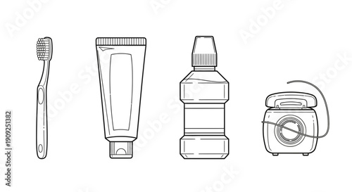 Dental Hygiene Essentials: Toothbrush, Toothpaste, Mouthwash, and Floss - Line Art