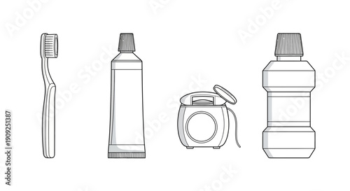 Dental Hygiene Products: Toothbrush, Toothpaste, Floss, and Mouthwash - Line Art