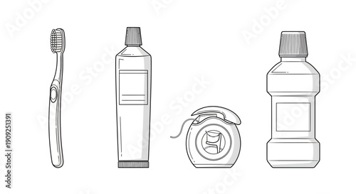 Dental Hygiene Products: Toothbrush, Toothpaste, Floss, and Mouthwash - Line Art