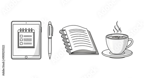 Digital Tablet, Pen, Notebook, and Coffee Cup: A Workspace Essentials Collection