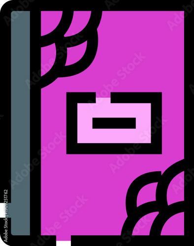 Purple covered book with scale patterned cover and label, flat outline style symbolizing education, reading, storytelling, magic, knowledge, and imagination on white background