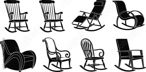 Rocking chair silhouettes collection, wooden furniture seating set, vintage modern rocking chairs vector illustration isolated on white background