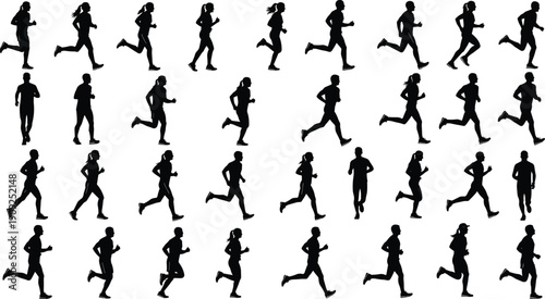 Running, People, Silhouettes, Jogging, Fitness, Athletes, Marathon, Exercise, Sport, Movement, Healthy, Lifestyle, Collection, Black, Isolated, Illustration, Training, Cardio, Set, Action
