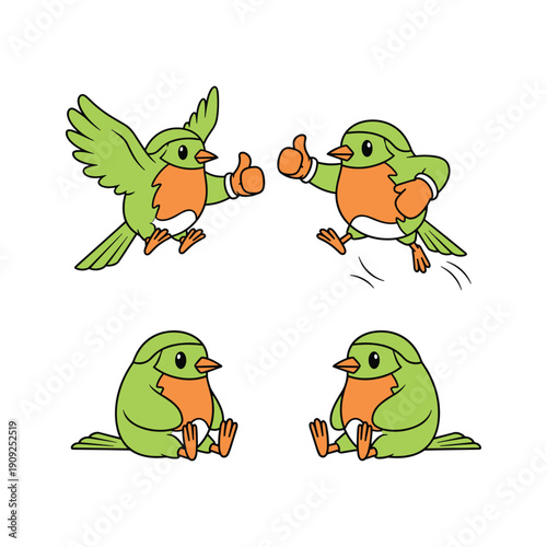 Cartoon green bird characters giving thumbs up and sitting in various poses on white background
