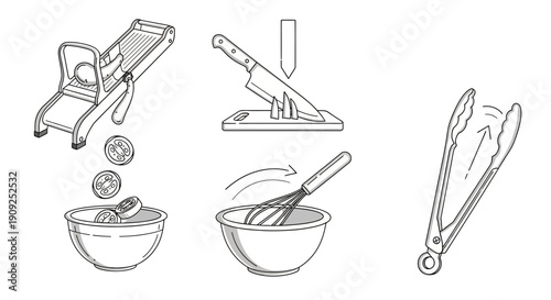 Cooking Preparation: Slicing, Whisking, and Tongs - Kitchen Tools and Actions