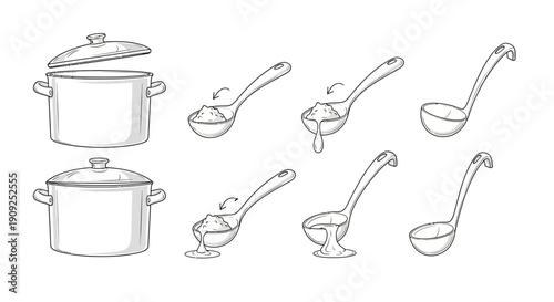 Cooking Process: Ladling Soup from Pot with Spoon, Step-by-Step Illustration